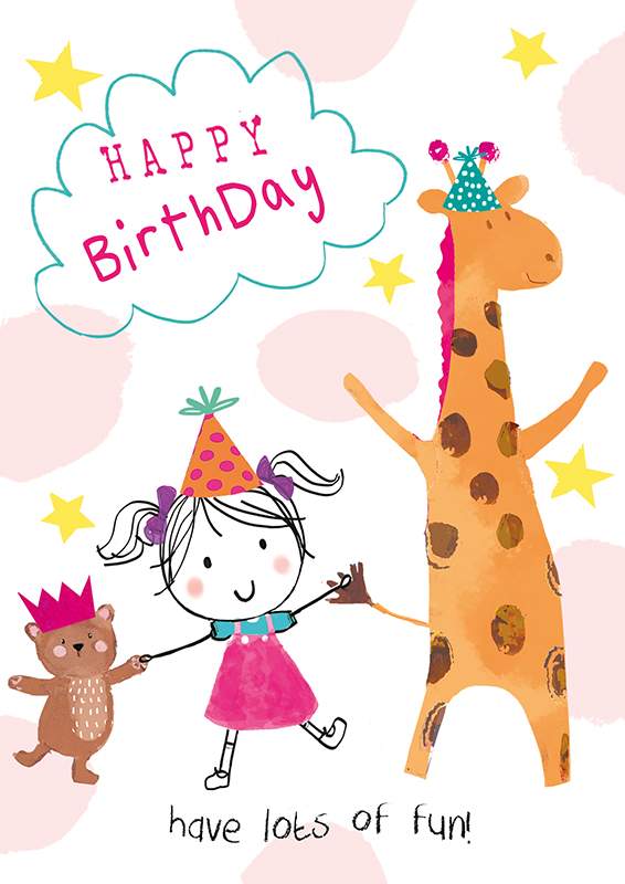 Card: Girl With Bear & Giraffe Birthday